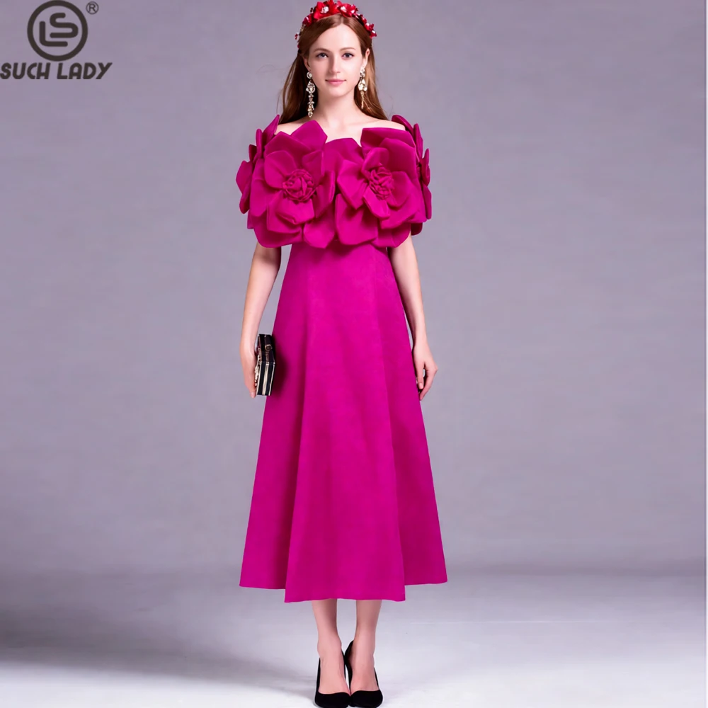 

Women's Fuchsia Off Shoulder Flower Embellished Midi Dress 3D Floral Top Elegant Party Evening Gown for Holiday Wedding Guest