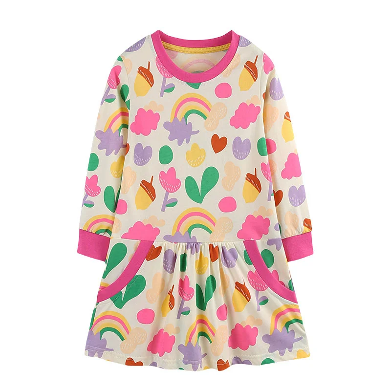 

Raibow 2-7T Long Sleeve Girls Dresses All Printed School Style Cotton Autumn Spring Fashion Children's Clothes Party Frocks