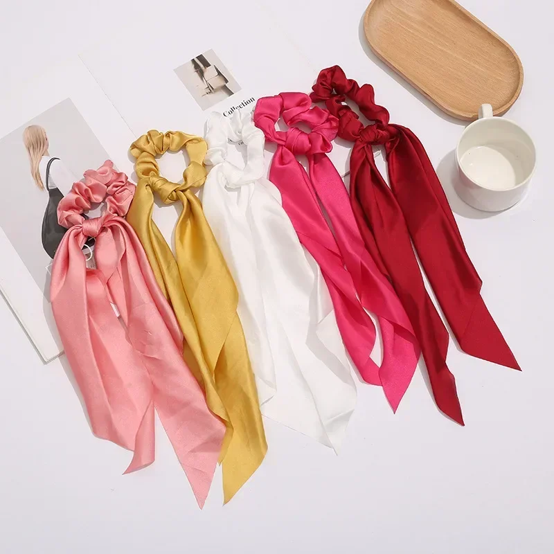 Fashion Solid Color Bow Satin Long Ribbon Ponytail Scarf Hair Ties Scrunchies Women Girls Elastic Hair Bands Sweet Headwear