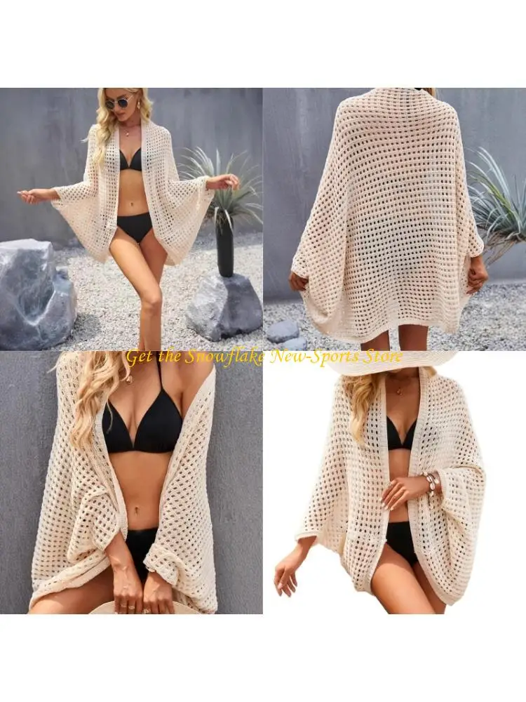 

E56D Breathable Long Sleeve Beach Cardigan Hollow out Knitted Swimwear Coverup Shirt