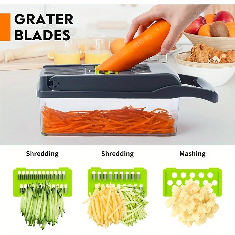 16in 1 /11in1Multi-functional Vegetable Slicer and Slicing Kit - Manual Food Processor with Container, Drainage Basket