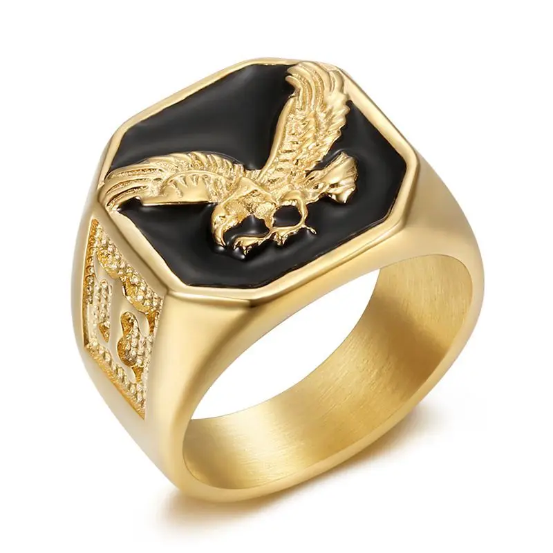 Hip Hop Rock Stainless Steel Hawk Eagle Round Finger Rings for Men Rapper Jewelry Gold Silver Color Drop Shipping