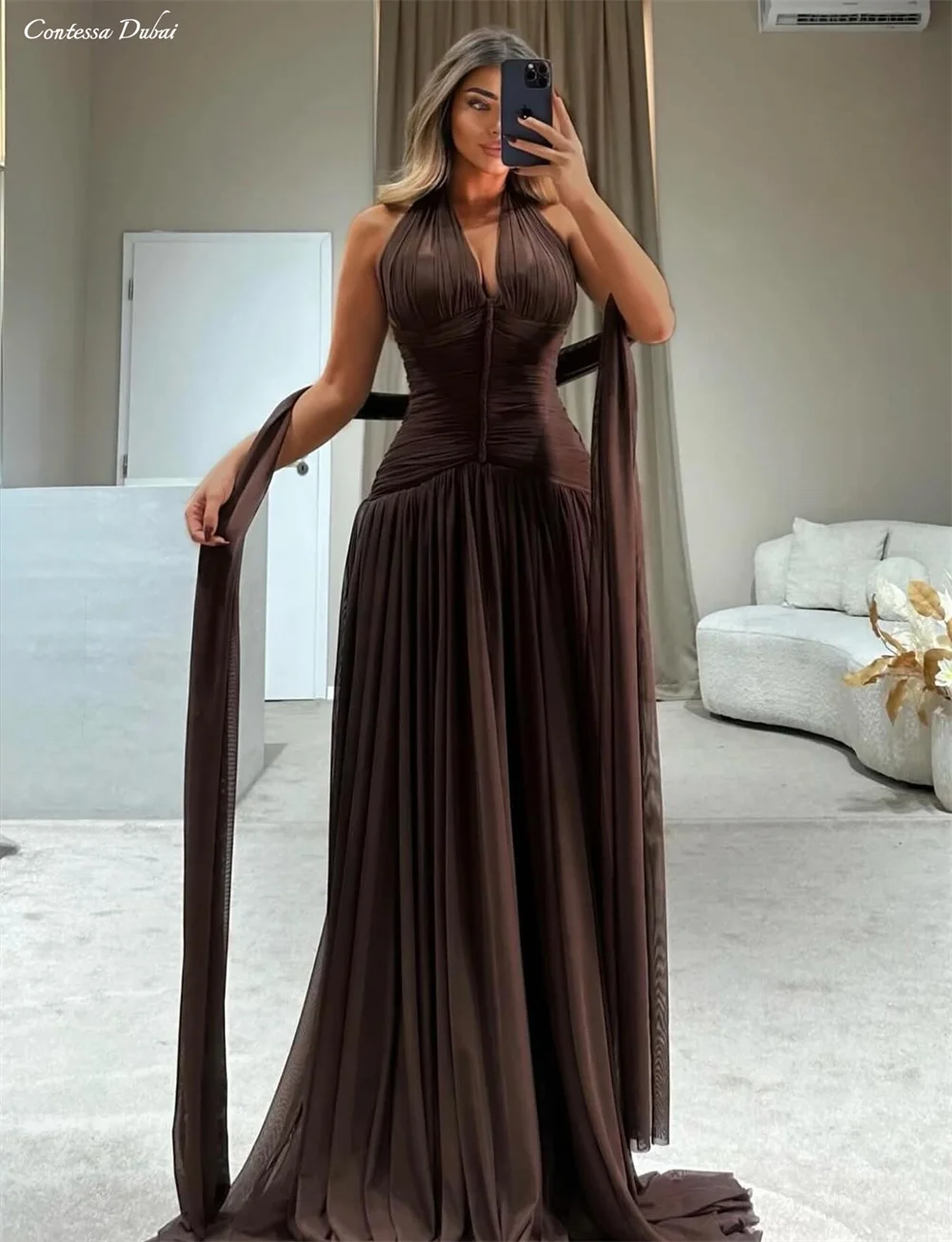 

Contessa Customized Brown Chiffon ribbon Halter Neck Prom Dress pleated skirt robes de soirée Floor-Length Formal events dress