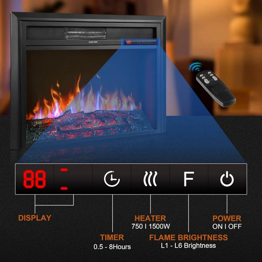 32 حشوة مدفأة كهربائية - سخان مدفأة كهربائية لغرفة المعيشة، جهاز تحكم عن بعد، 6 مجموعات سطوع