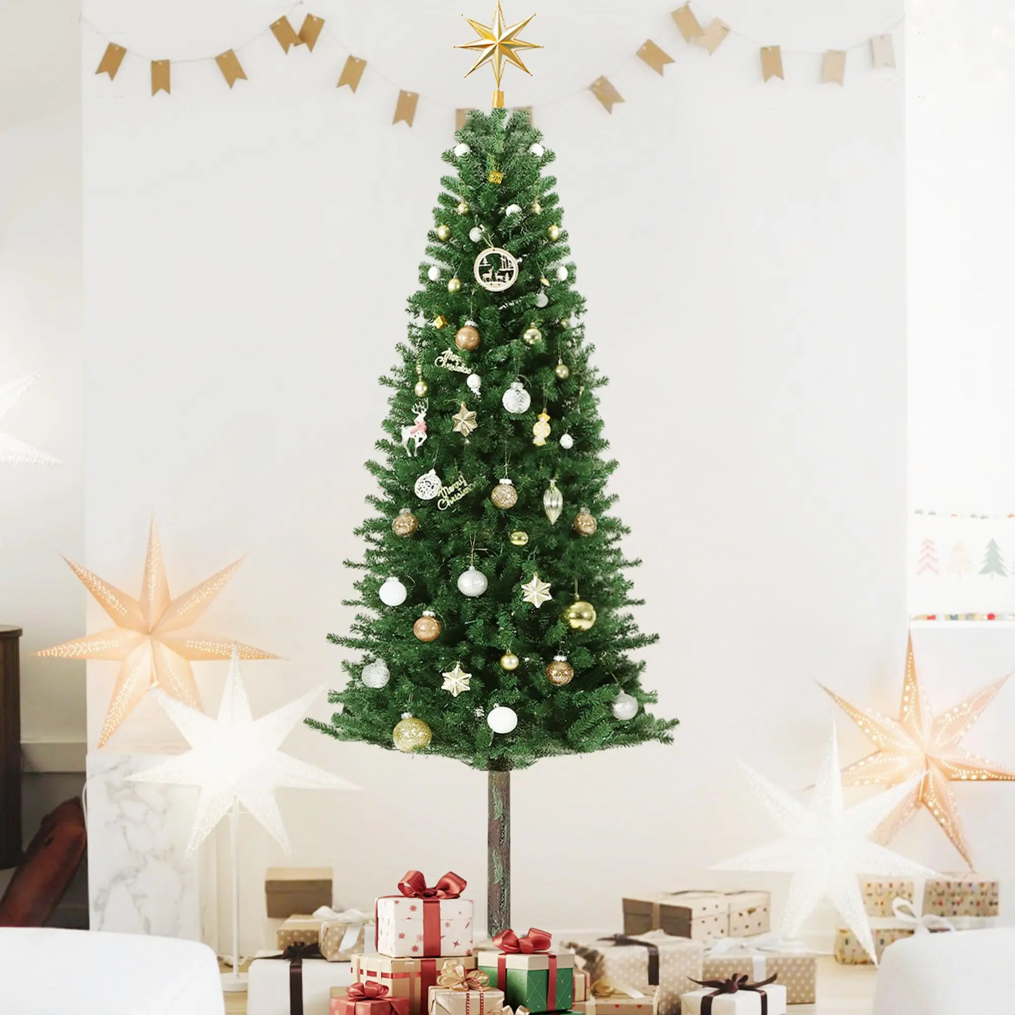 

Pre-Lit Pencil Christmas Tree, Artificial Slim Christmas Tree with LED Warm White Lights & Metal Stand,Realistic Xmas Tree Holid