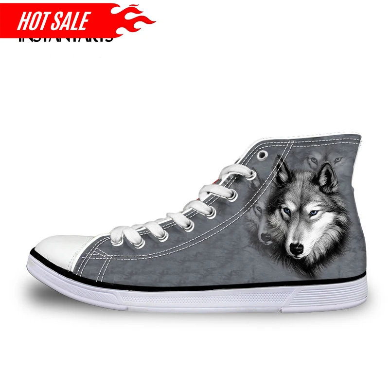 Animal High Top Canvas Shoes Classic Men's Lace Up Vulcanize Shoes for Student Cool 3D Wolf Flat Men EUR Size 37-45