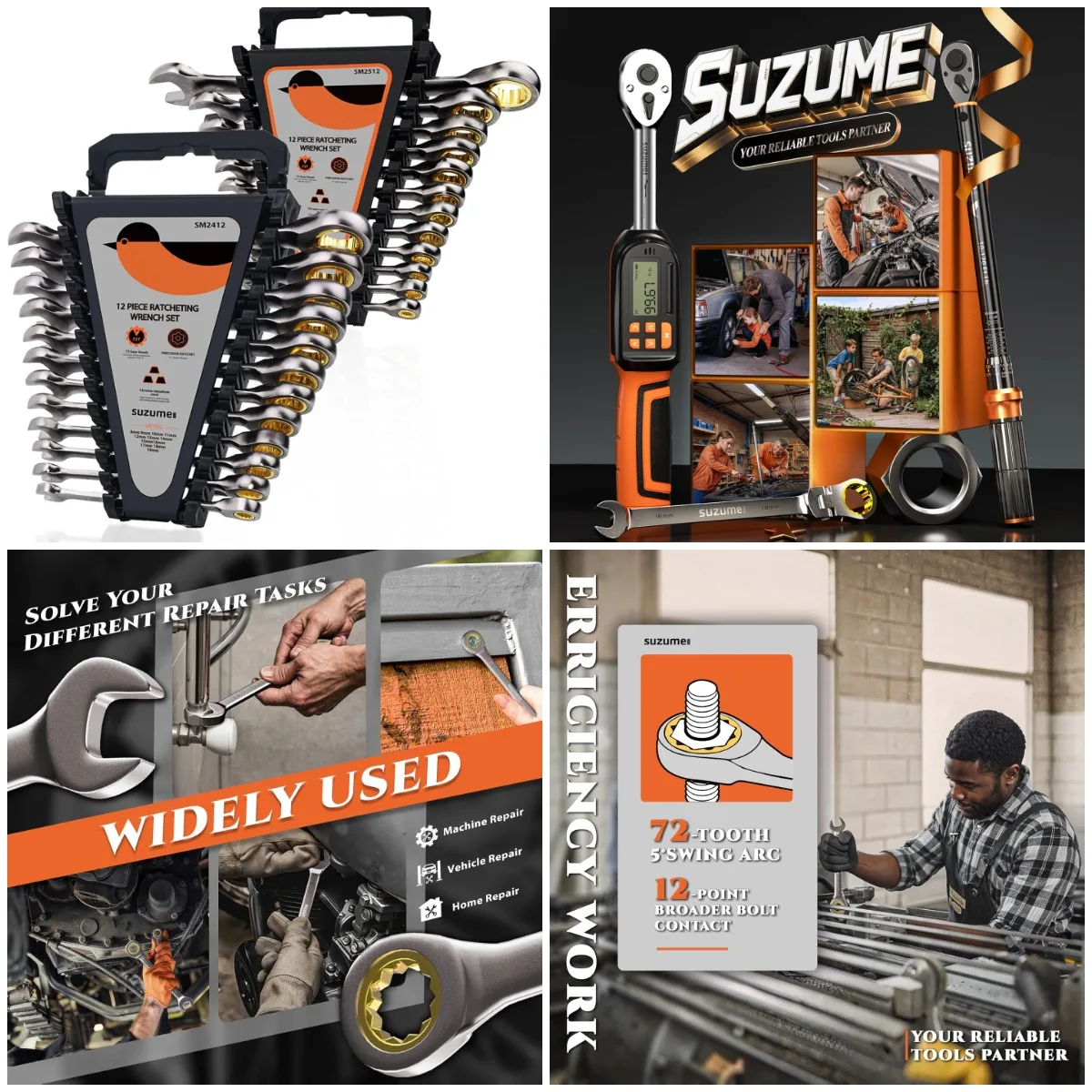 

Набор из 24 метрических ключей с храповым механизмом SAE и (1/4'-7/8', 8–19 мм), сталь Cr-V 72T, стопорное механизм, коробка-органайзер