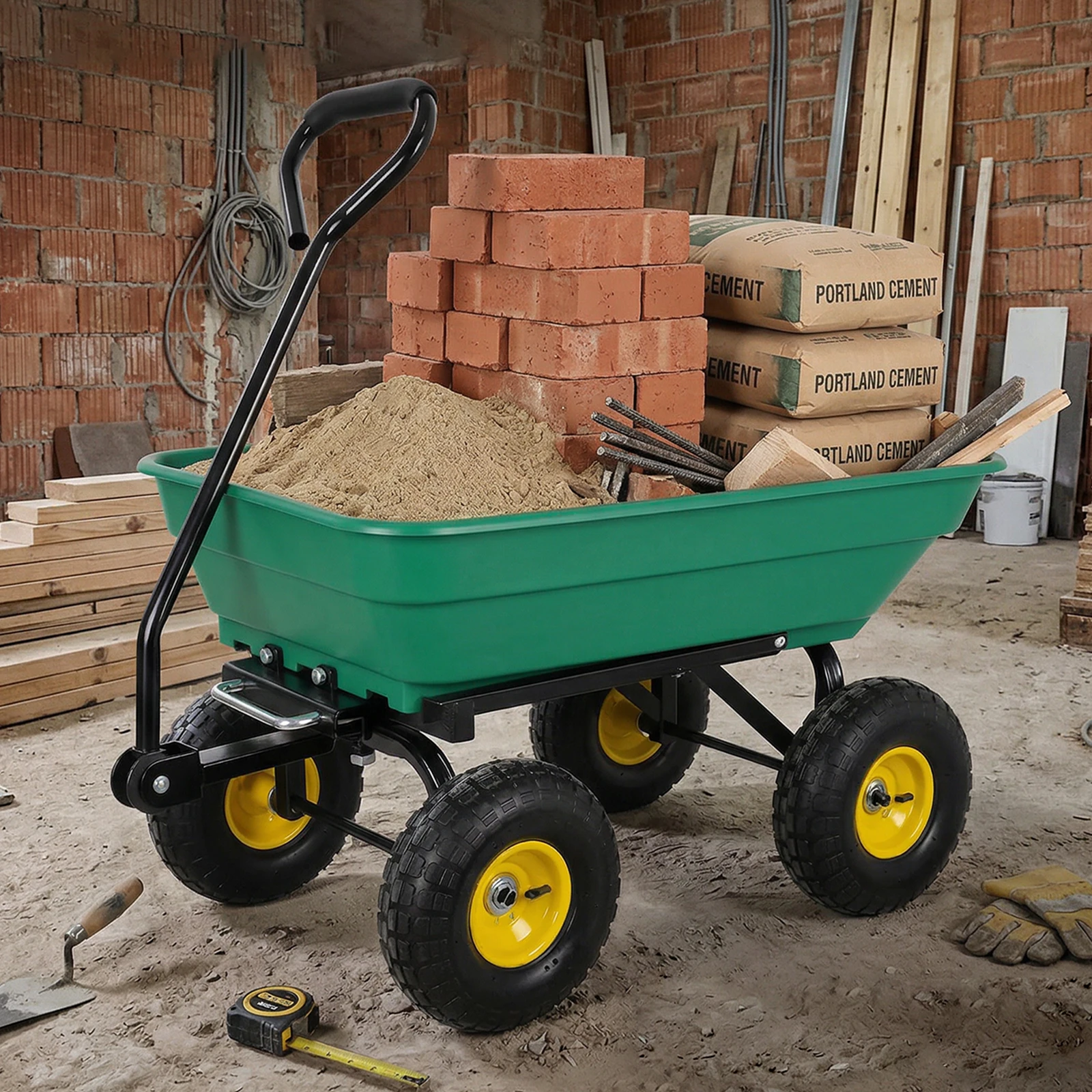 Chariot de jardinage tout-terrain à benne basculante, capacité 200 kg, avec poignée rotative à 180 degrés, pneus pneumatiques de 10 pouces, pour un vidage sans effort de bois de chauffage, d'outils et de débris.