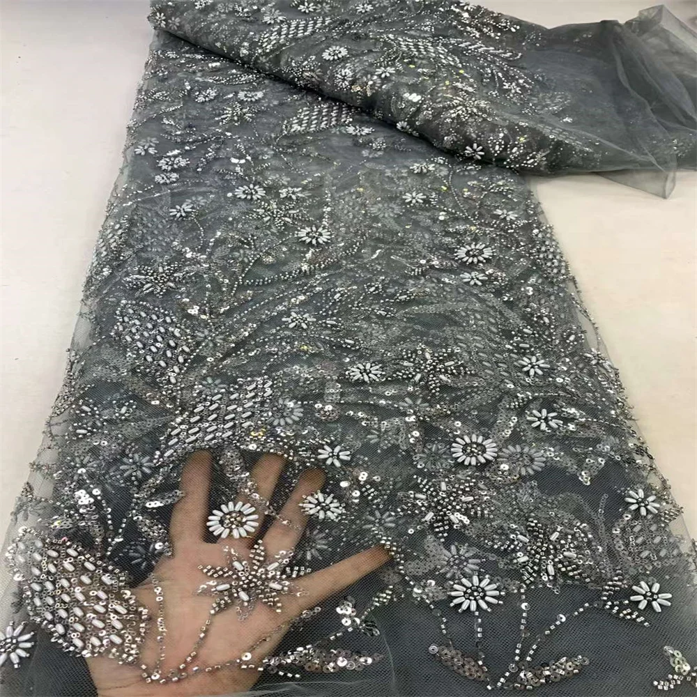 

2024 French Sequins Beads Lace Mesh Tulle Fabric High Quality Embroidery 5 Yard African Lace Fabric Nigerian Bride Wedding Dress