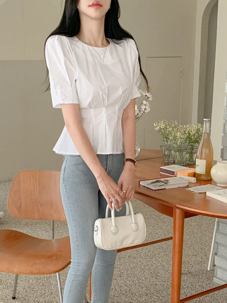 Women Tops Solid Color Folds Blouse O Neck Puff Sleeve Tunic Shirts Fashion Korean Casual Blouses 2023 Blusas De Mujer