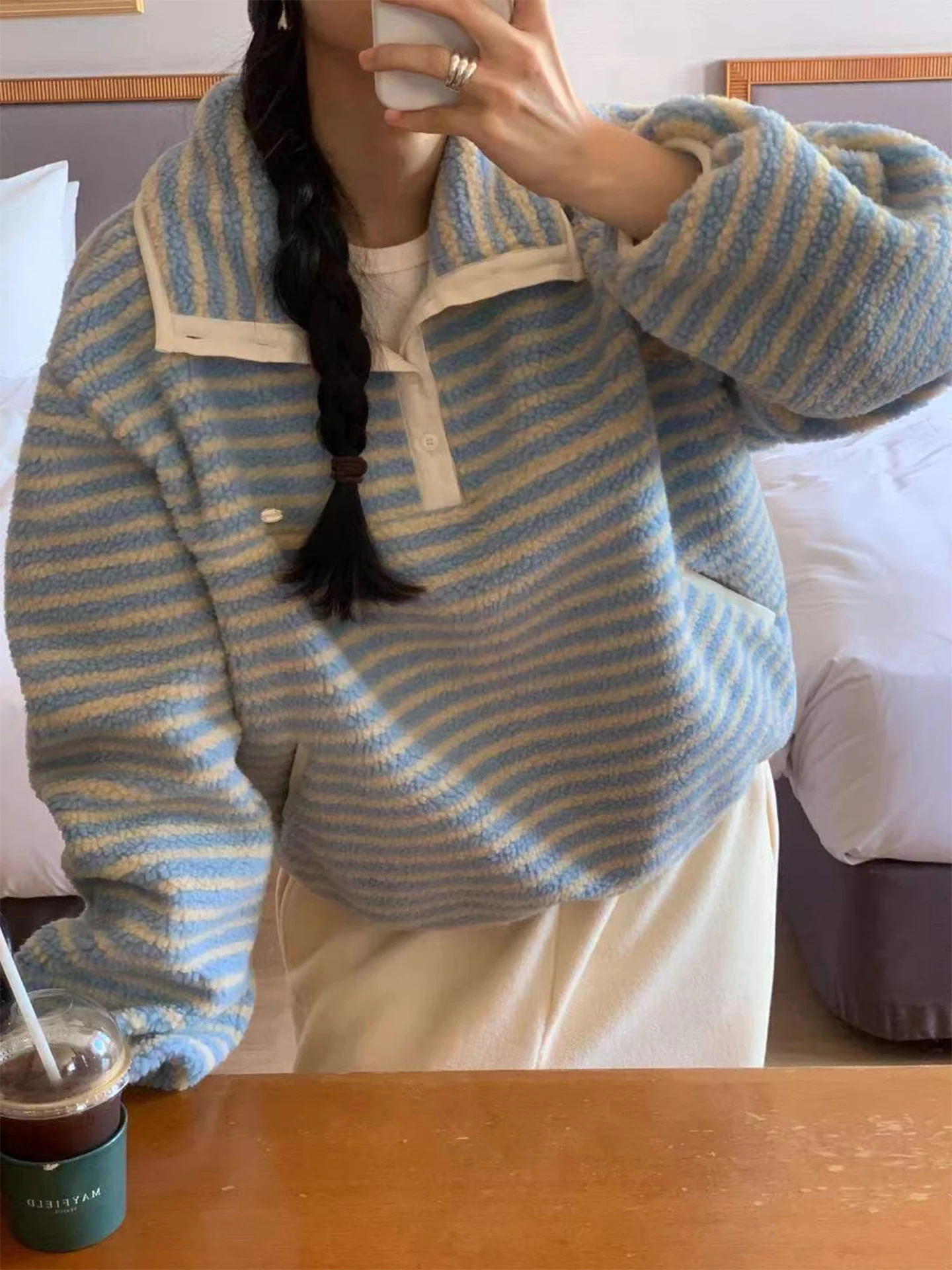 Damska bluza oversize z kapturem, kurtka w paski, kolorowy blok, nowa zimowa bluza z dużym kołnierzem, luźna góra, styl koreański, długa bluza.