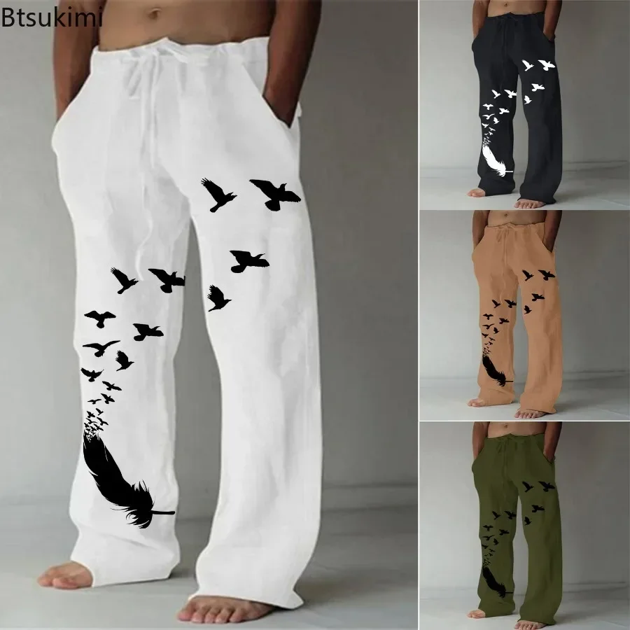 2024 Men's Casual Pants Pocket Design Linen Pants Drawstring Loose Trouser Plus Size Mens Fashion Birds Feather Print Sweatpants