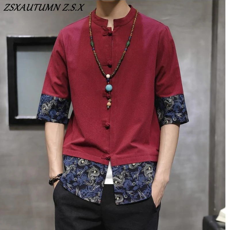 الصيف النمط الصيني خمس نقاط قصيرة الأكمام قميص الرجال القطن الصيني الكتان تانغ نمط Hanfu الملابس خمر المرقعة القمم