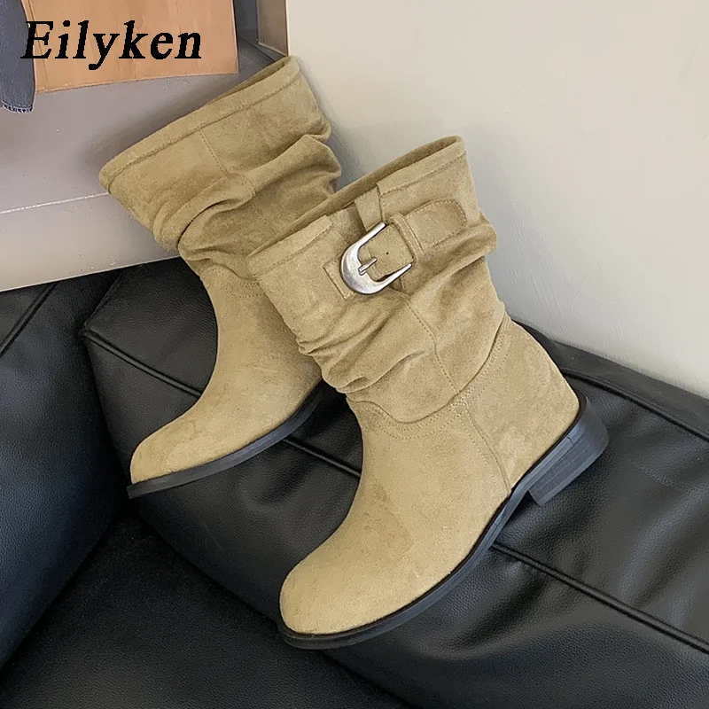 Eilyken Vintage Pleated Ankle Boots Women's Belt Buckle Short Boots Round Toe Low Heels Designer Casual Ladies Botines De Mujer