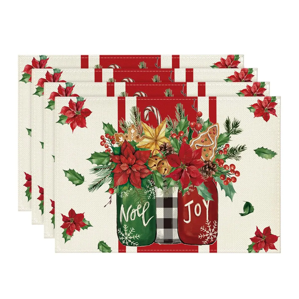 

Noel Joy Vase Poinsettia Christmas Placemats Set of 4, 12x18 Inch Gingerbread Xmas Winter Table Mats for Party Dining Decor