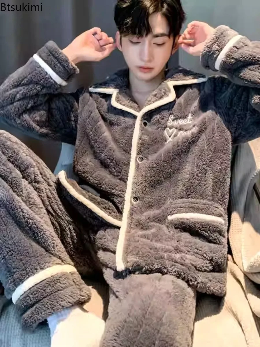 أطقم بيجامات شتوية للرجال من الصوف المرجاني سميكة دافئة بأكمام طويلة بنطلون ملابس نوم 2 قطع ملابس منزلية مريحة من الفلانيل الحراري #3