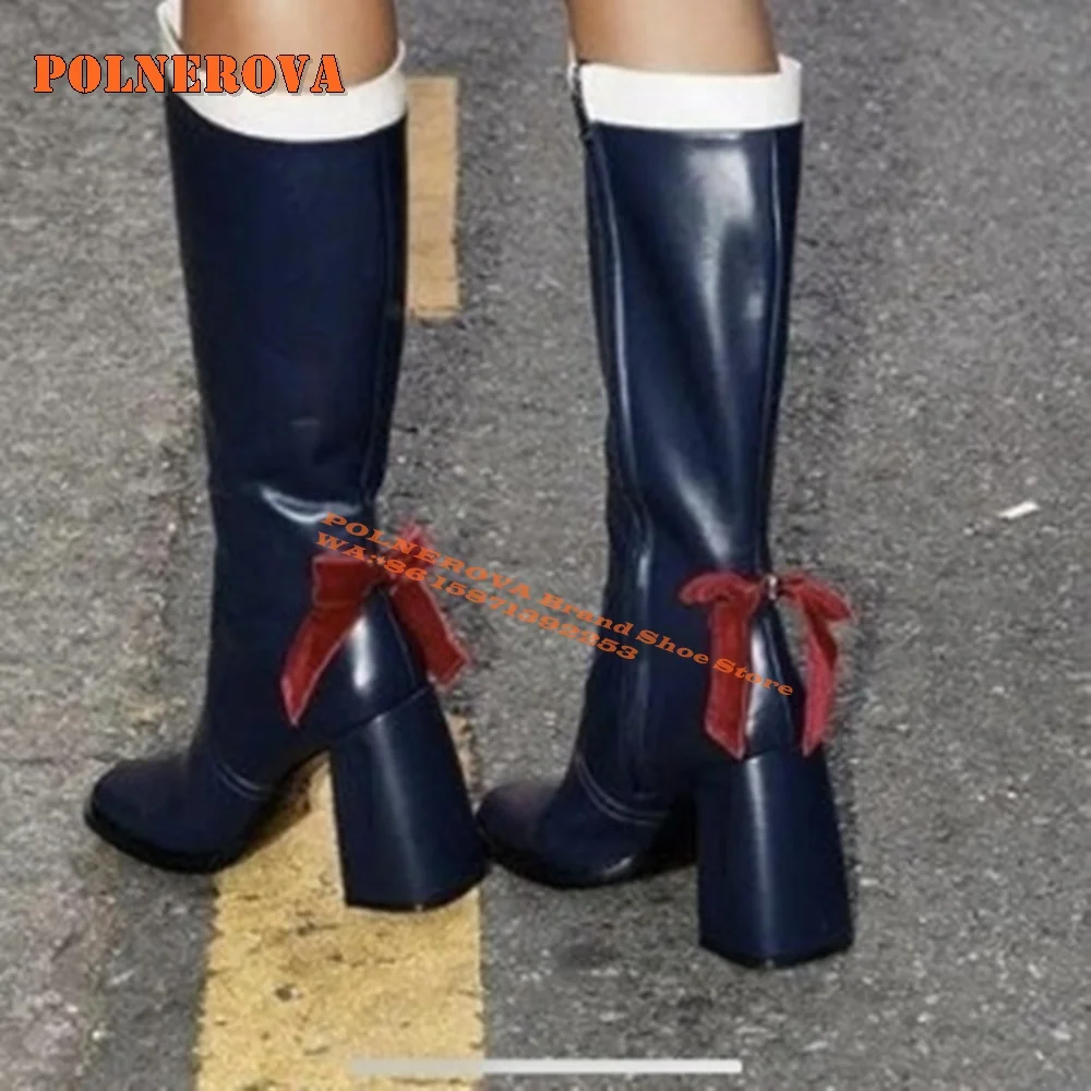 Pluto Navy Black Velvet Bow Crystal Heart Boots Square Toe Flared Heel Pull On Patchwork Internal Zip Closure Knee High Boots