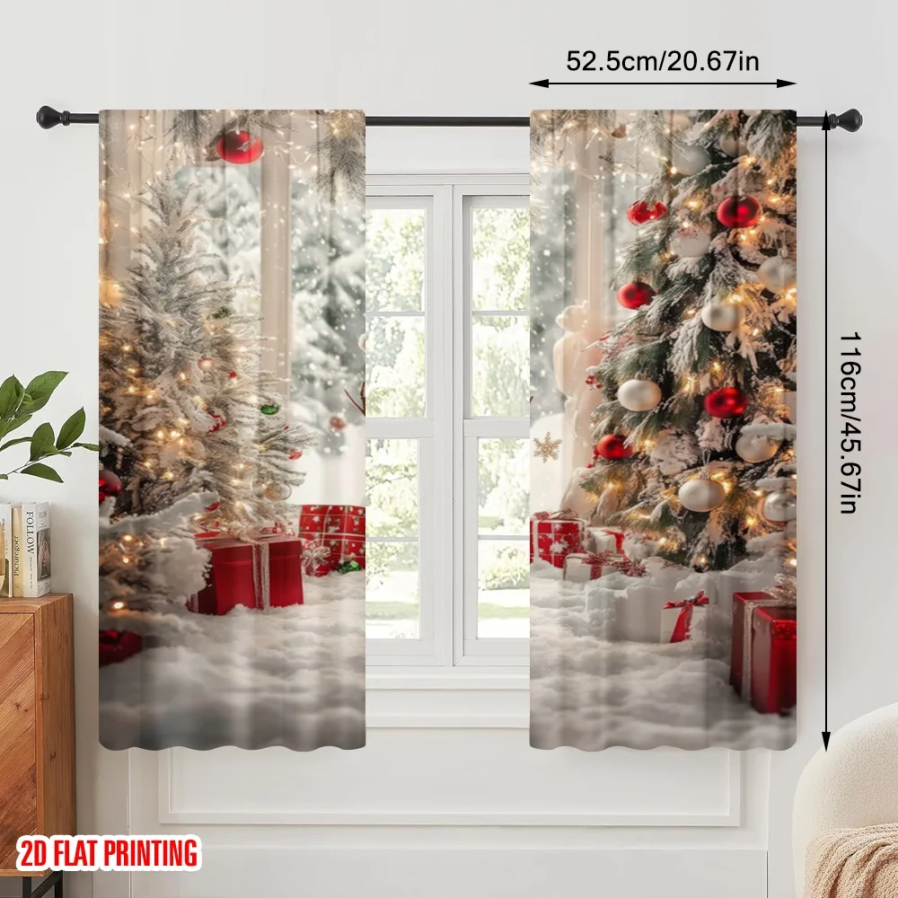 2pcs,2D plane printing Curtains Snowy Celebration Durable Polyester (without rod) Holiday Perfect for Living Room & Office Decor