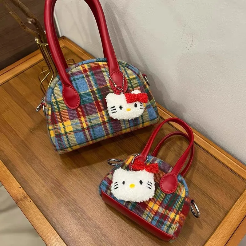 Miniso Vintage Hellokitty Red Shell Bags Plaid Patchwork Cute Small Handbags Two Size Kitty Doll Messenger Bags Kawaii Bag Girls