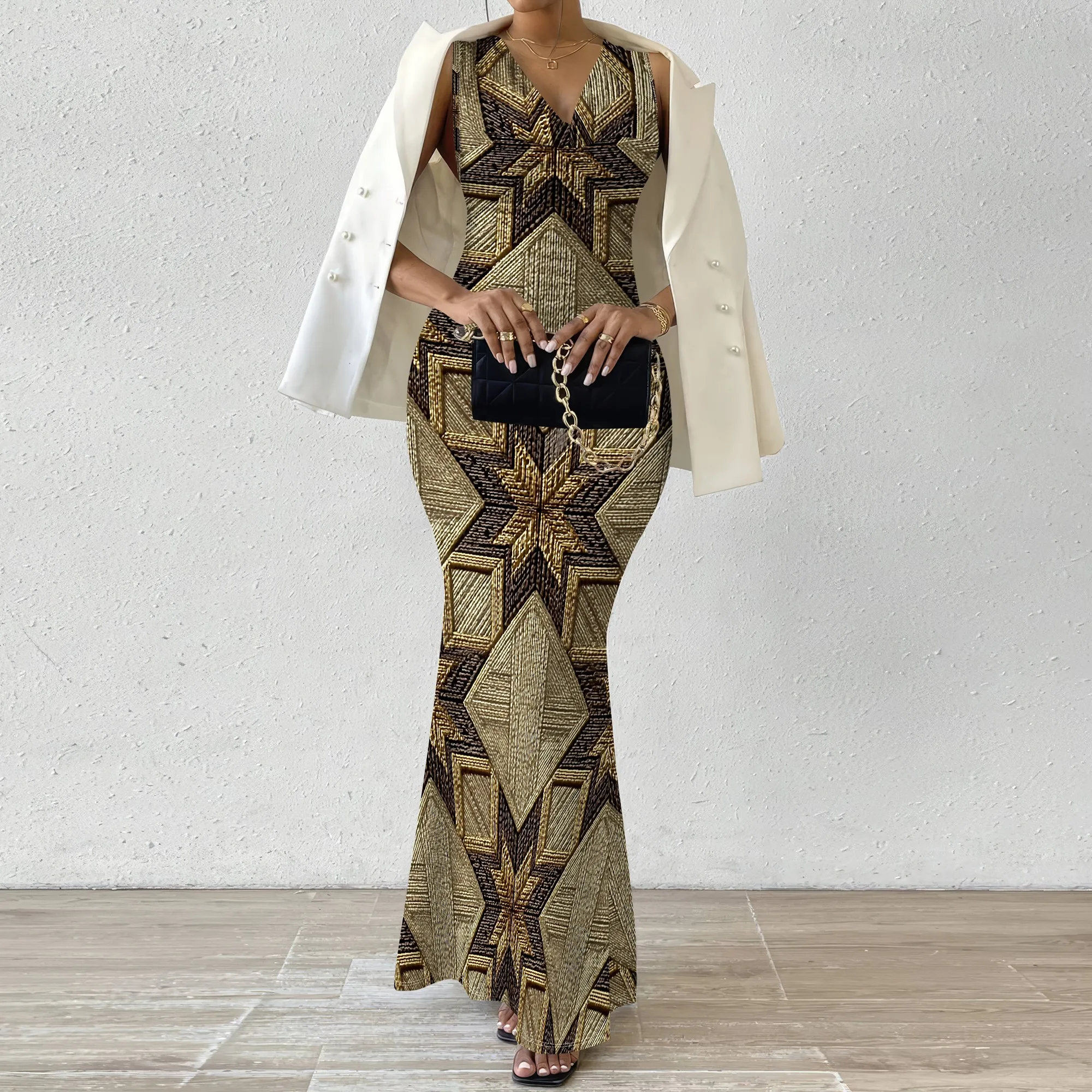 

African Print Bodycon Maxi Dress for Women Sleeveless V Neck Elegant Mermaid Long Dress Wedding Party XS-2XL