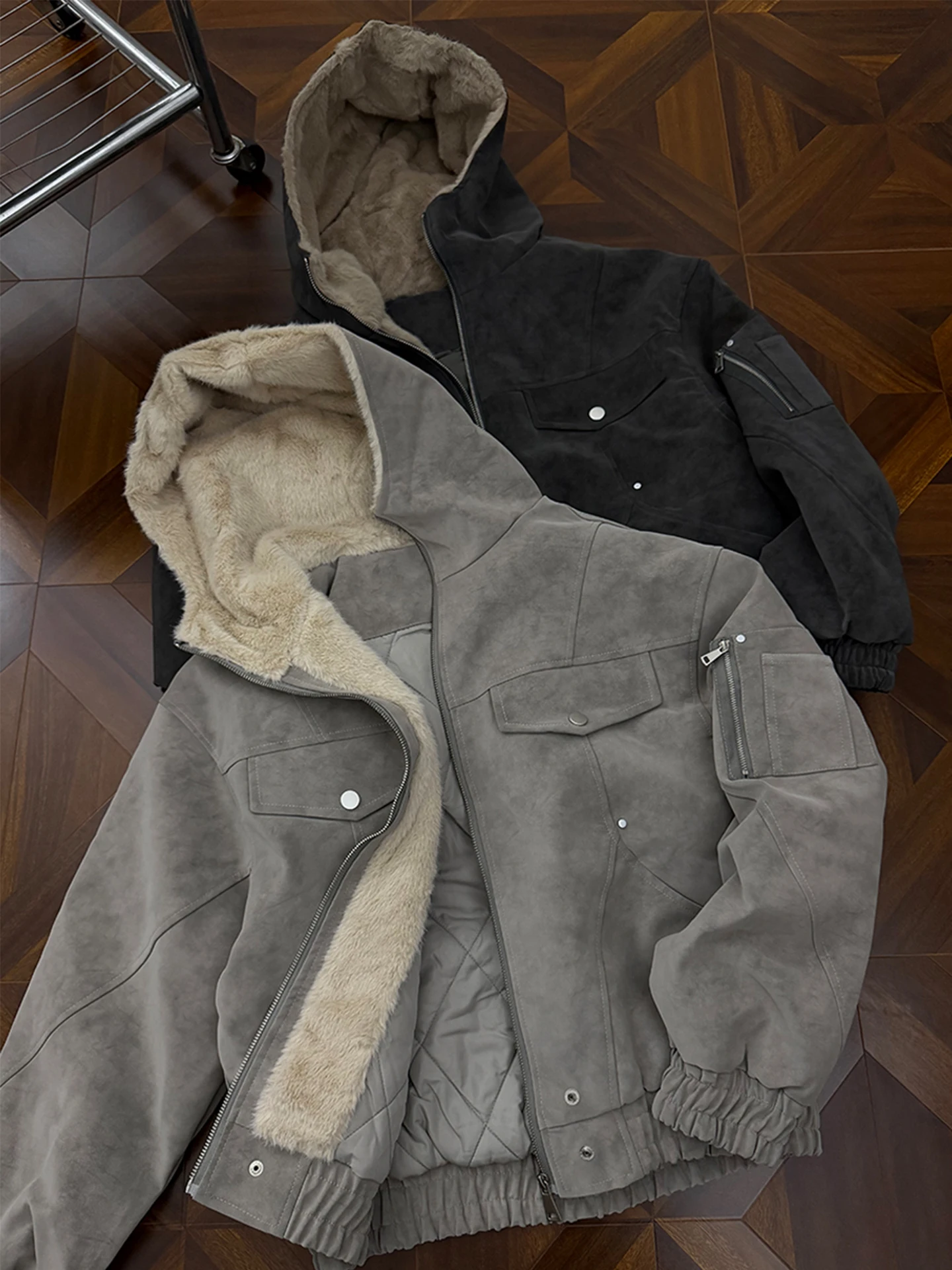 

Men's Suede Cotton Jaet Winter Warmth Outerwear with Rabbit Fur Loose Fit Hooded Vintage Sle Marble Base Design