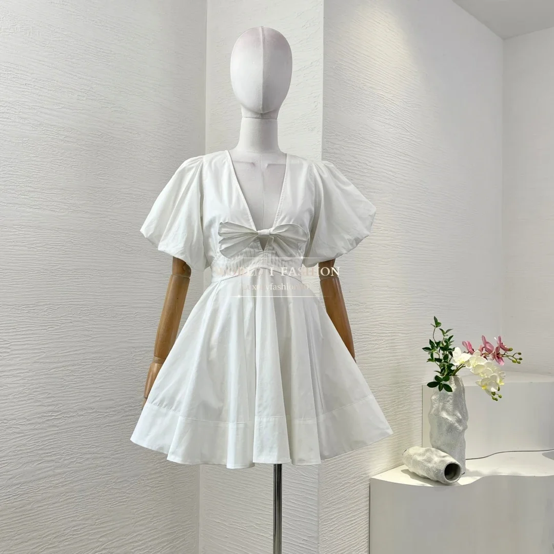 

2025 Women's Fashion White Short Sleeve Puff Sleeve Deep V Neck Bow Mini Dress