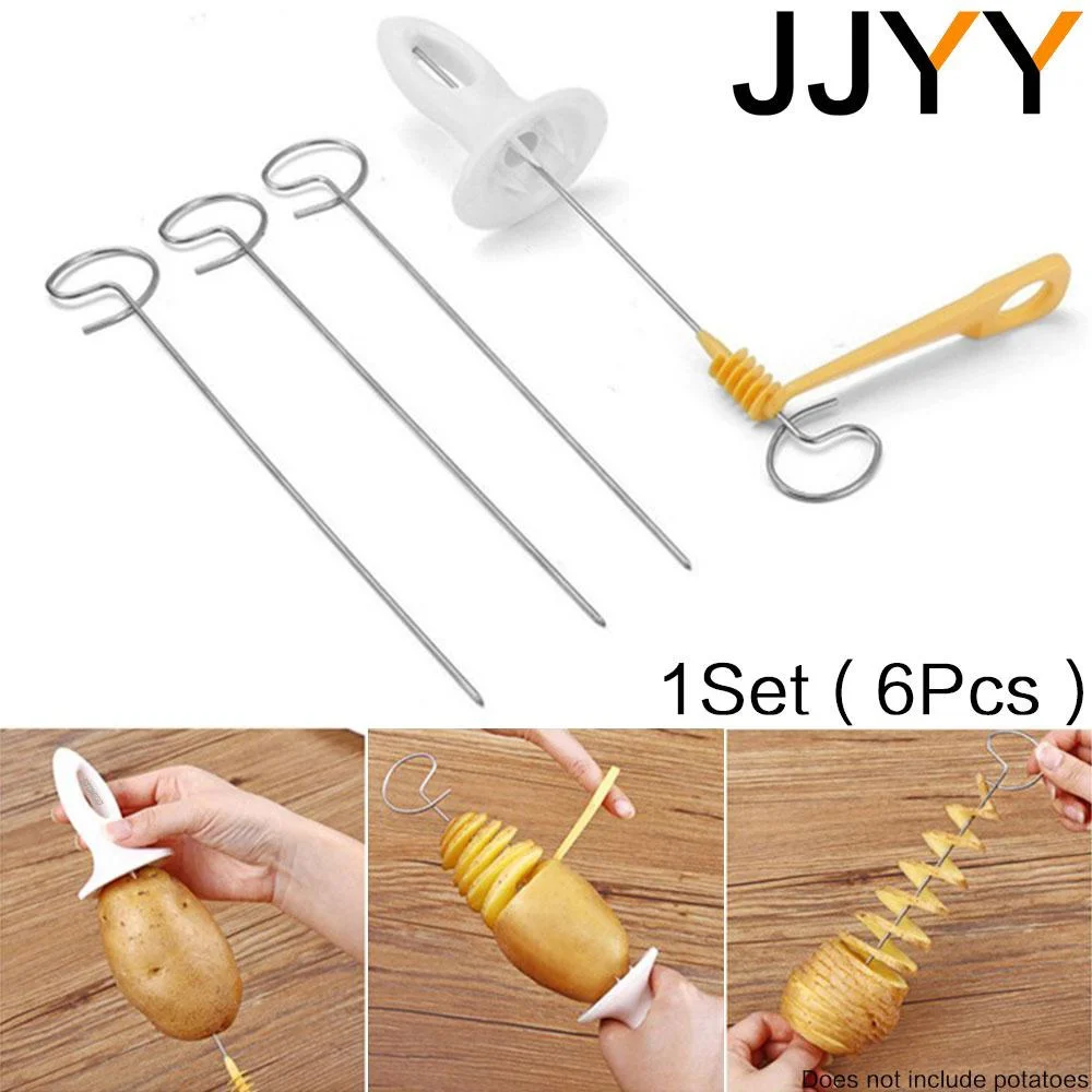 JJYY 1Set/6PCS  Stainless Steel Potato Twister Tornado Slicer Manual Cutter Spiral Chips Kitchen Cooking Maker