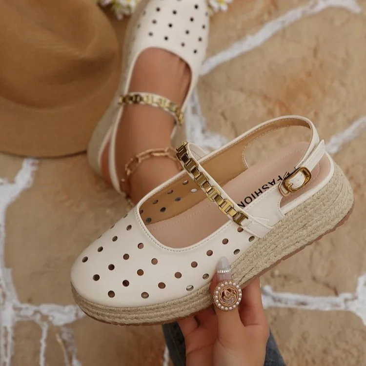 Women's sandals with hollowed out breathable design, sloping heel, summer thick soled outdoor sandals