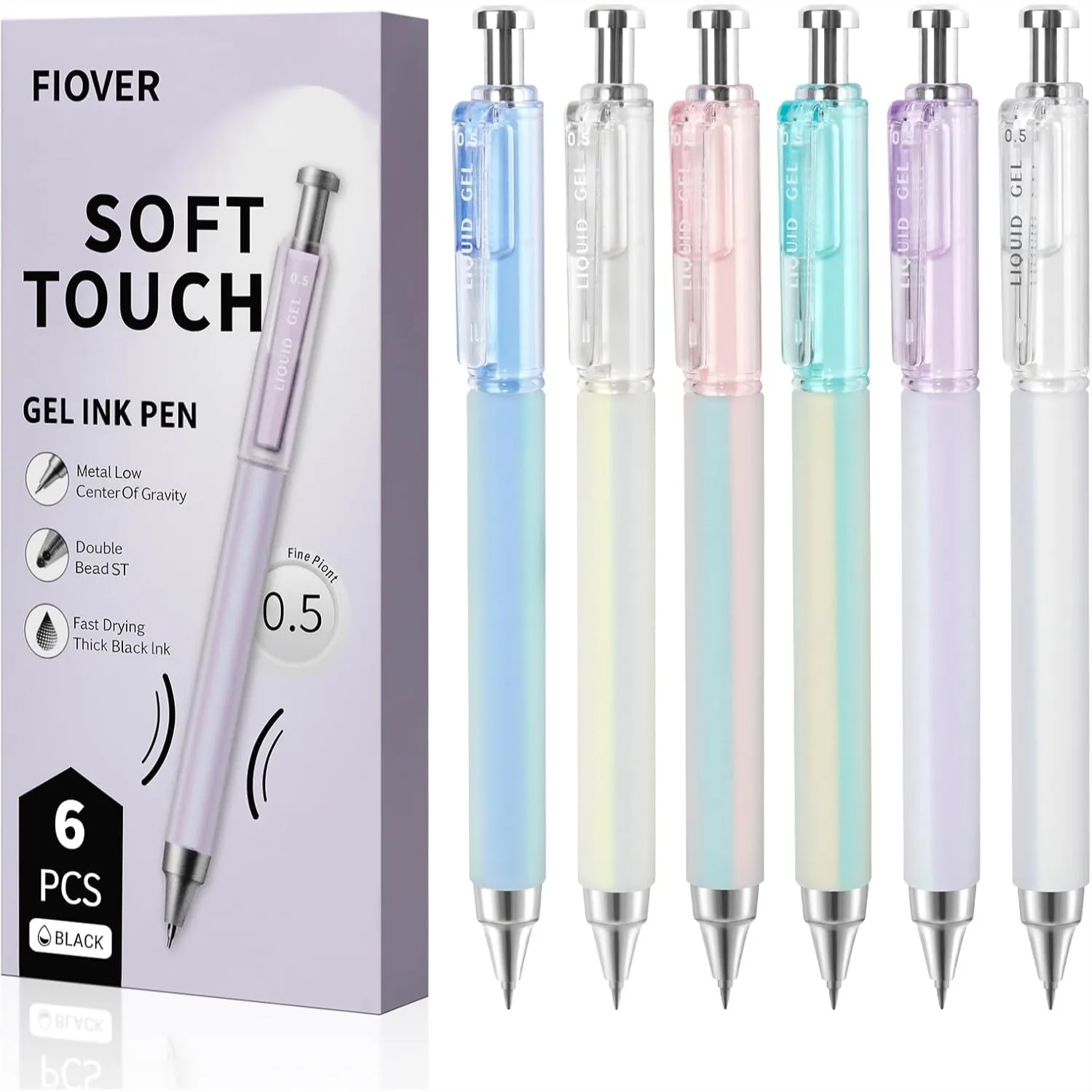 0.5mm Black Gel Pens 6 Pack, Quick Dry Fine Tip Retractable Pens with Soft Silicone Grip for Journaling Office