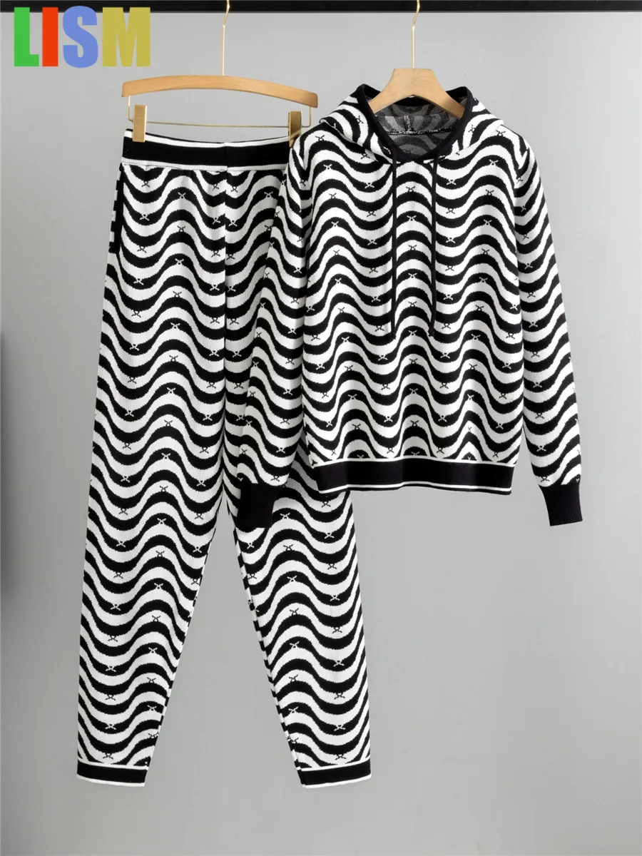 

LISM winter woman outfit Wavy Stripes Knit 2 Piece Sets Women Hooded Knitted Sweater Pullover Tops Outfit High Waist Pants