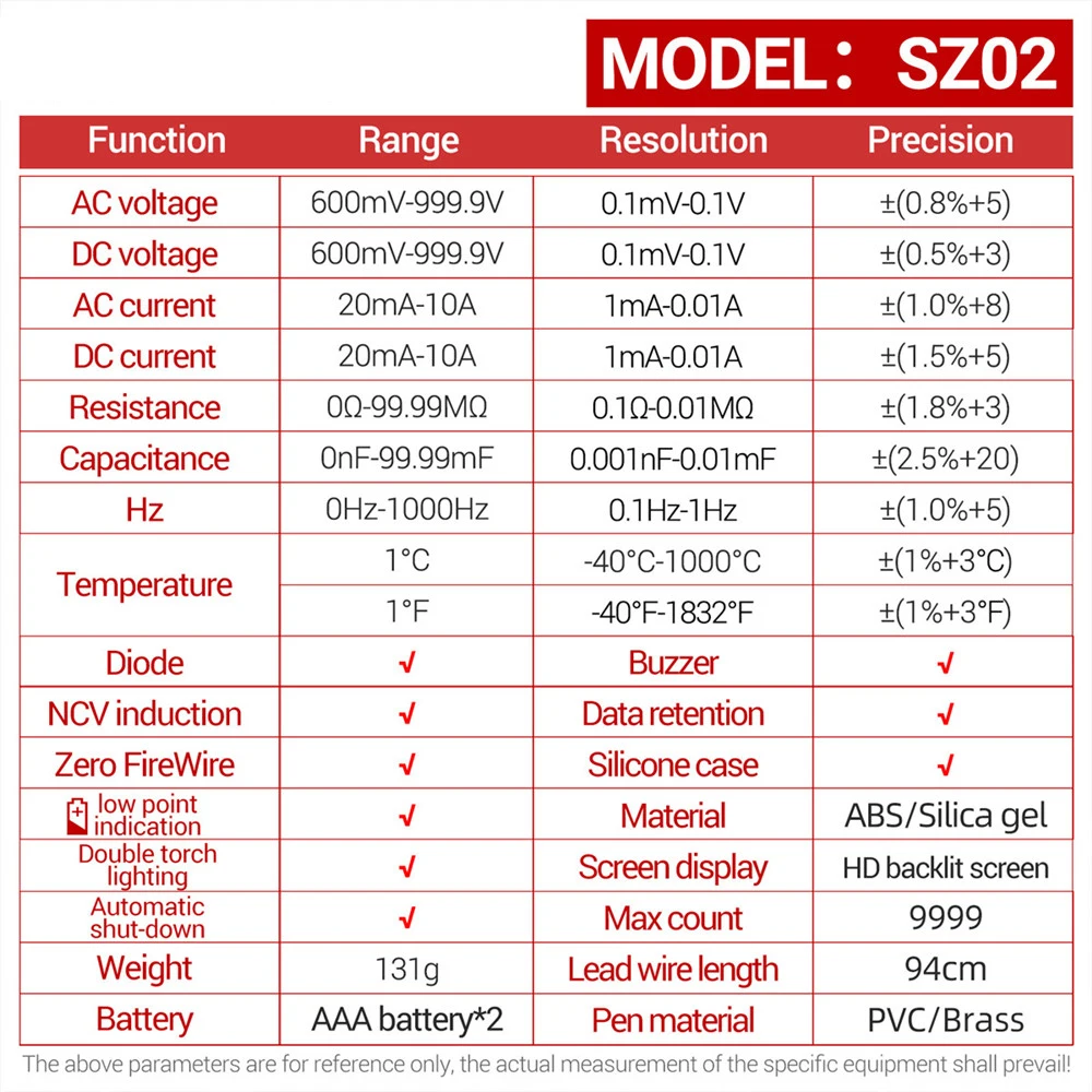 SZ02/SZ01 Professional Digital Multimeter Smart Tester 9999 Counts True RMS Electrical Capacitance Meter Auto Range Multimetres
