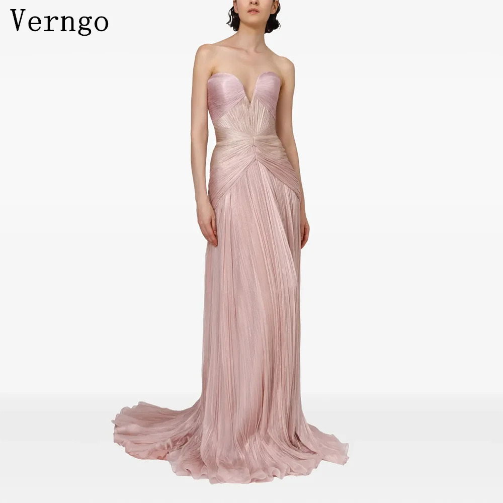 

Verngo Pink Shiny Silk Evening Dress Sweetheart A Line Pleated Formal Occasion Dress Maxi Hand Made Prom Party Gowns Customized