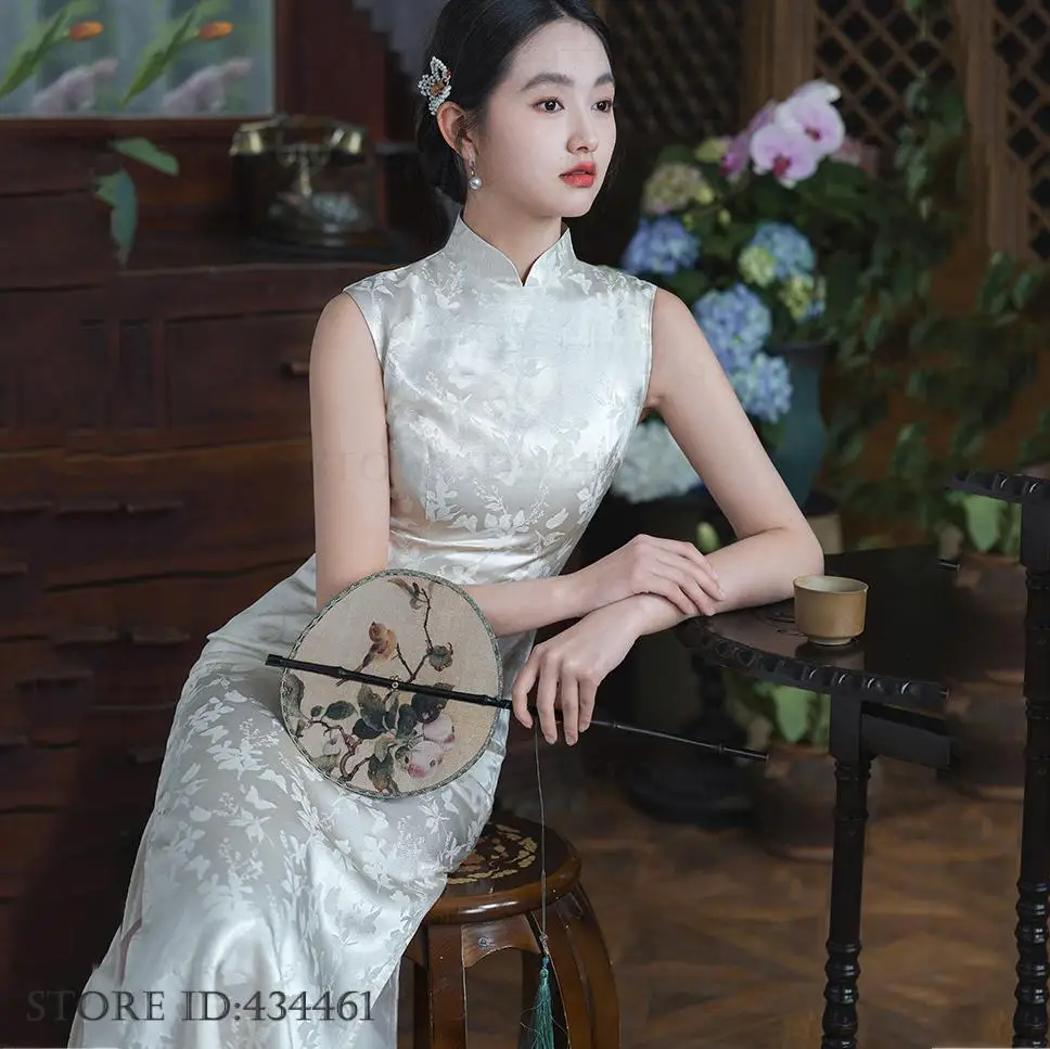 

Элегантное темпераментное женское длинное платье Cheongsam, винтажное классическое традиционное китайское платье Qipao, сексуальное тонкое атласное платье Vestidos Hanfu