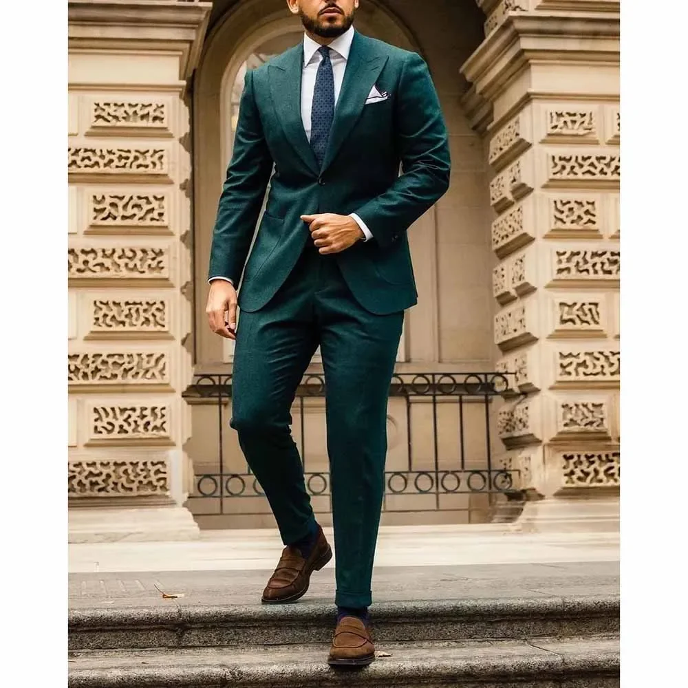 Groene Herenpakken Terno Single Breasted Peak Revers Elegante Mannelijke Kleding Mode Outfits Kantoor 2 Stuk Jas Broek Op Maat