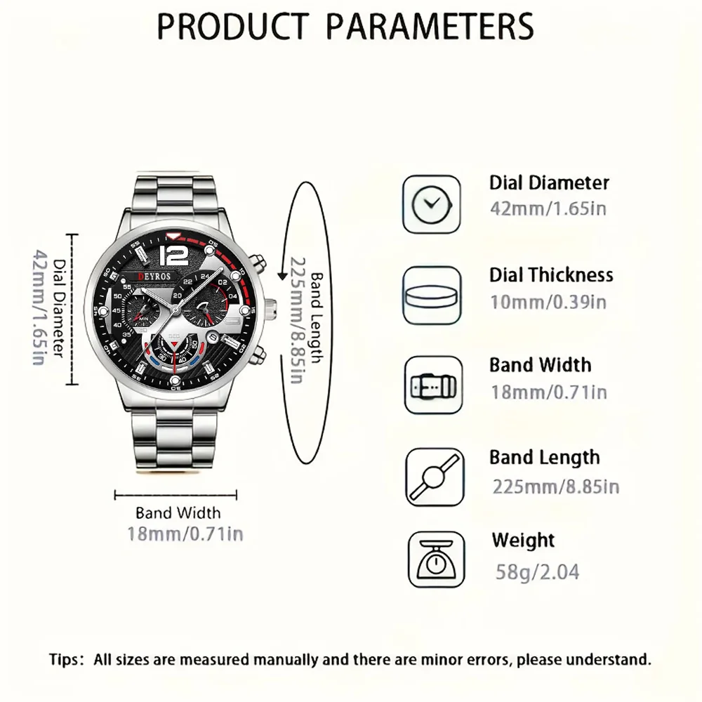4-Piece Men's Fashion Watch Set, Quartz Sports Watch with Round Zinc Alloy Case, Faux Leather and Stainless Steel Straps