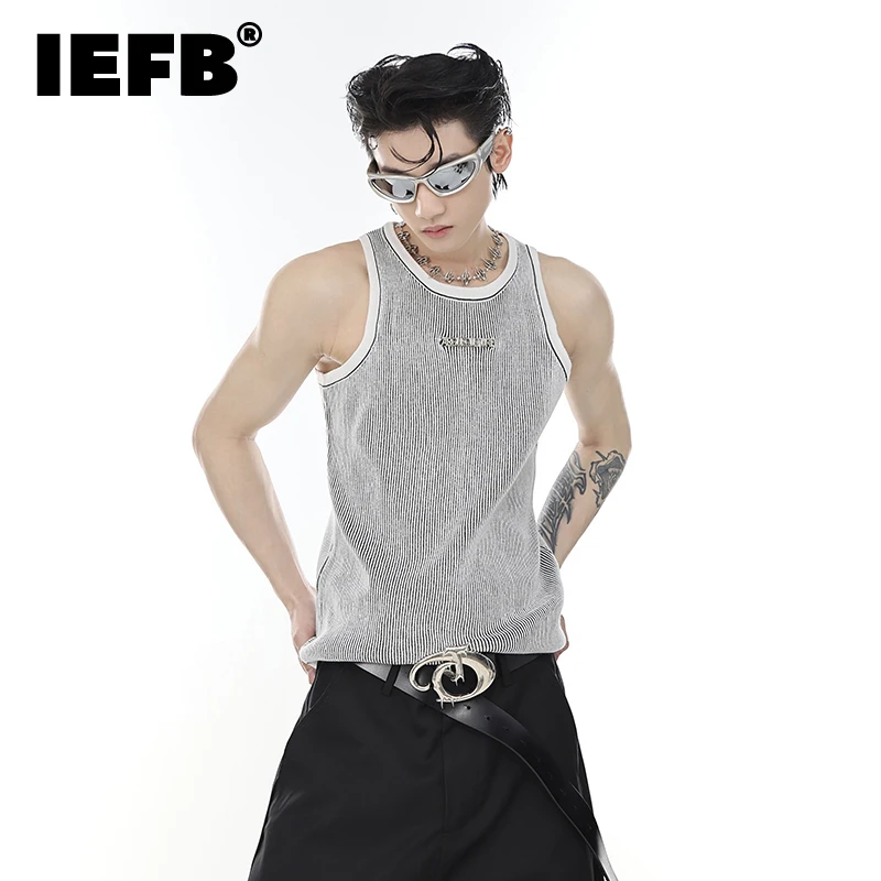 

IEFB Niche Men's Knit Tank Top Threedimensional Striped Vest Summer Thin Fashion Sleeveless T-shirt Metal Slim Fitting Top 9C686