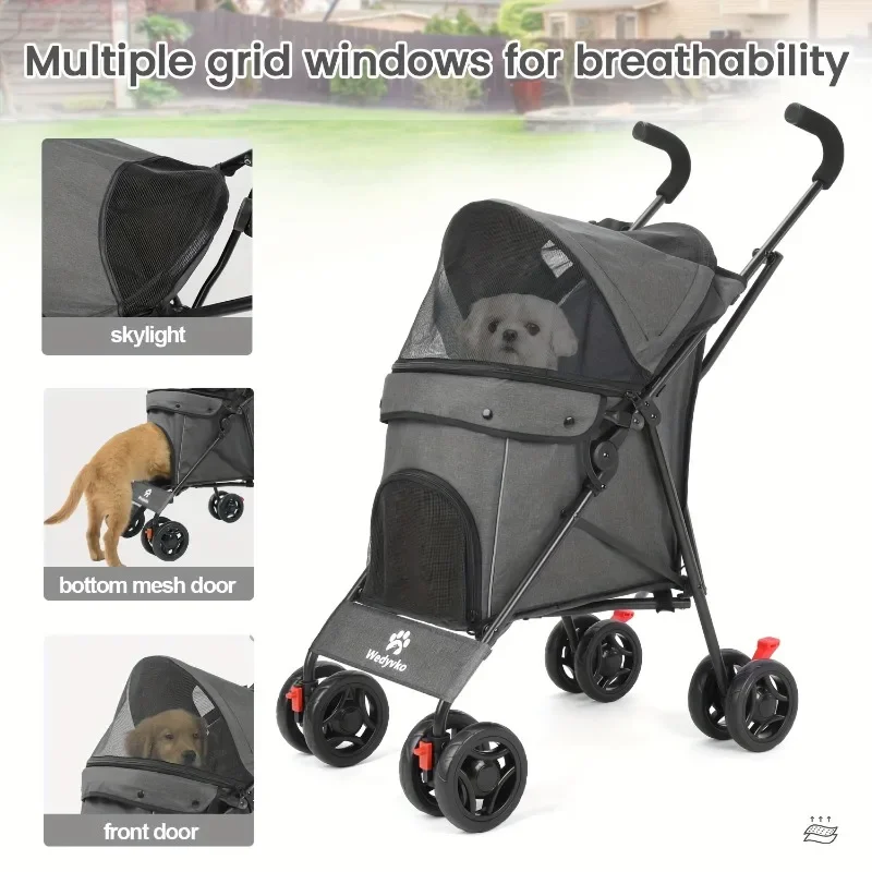 Folding Pet Cart for Medium-sized,Small Cats and Dogs,with Storage Basket, Breathable Net, and Easy Walk Travel Belt,many Colors