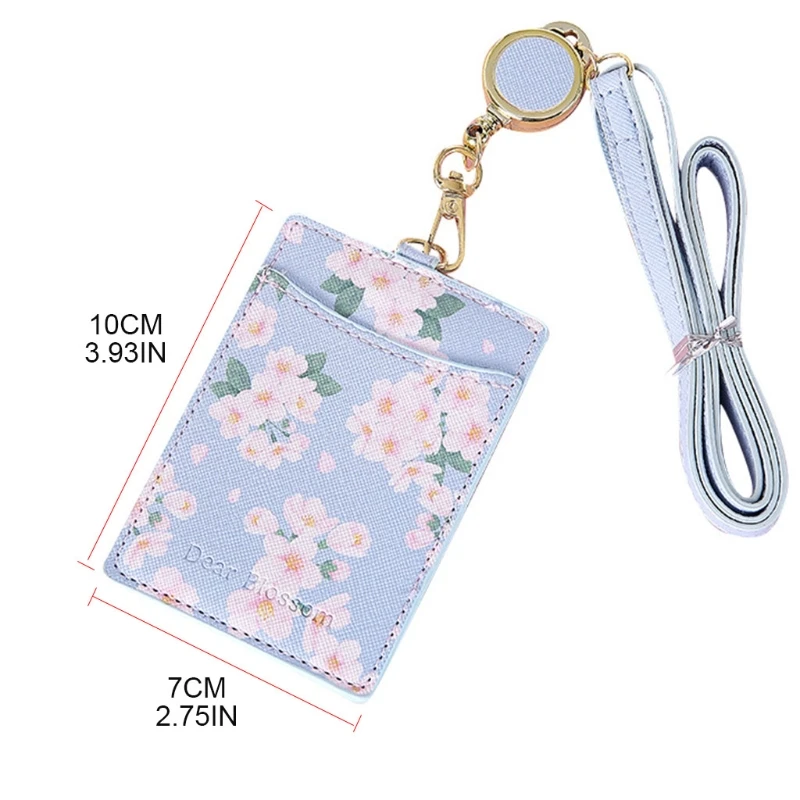 E74B FlowersPU Leather Bus Credit Card Holder for Case Portable Badge Retractable Neck Strap Lanyard