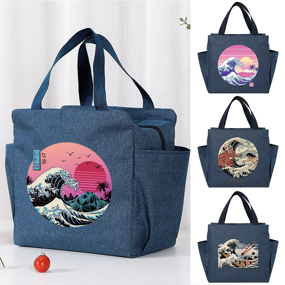 

Portable Lunch Bag Wave Print Thermal Insulated Lunch Box Tote Cooler Handbag Bento Pouch Dinner Container Food Storage Bags