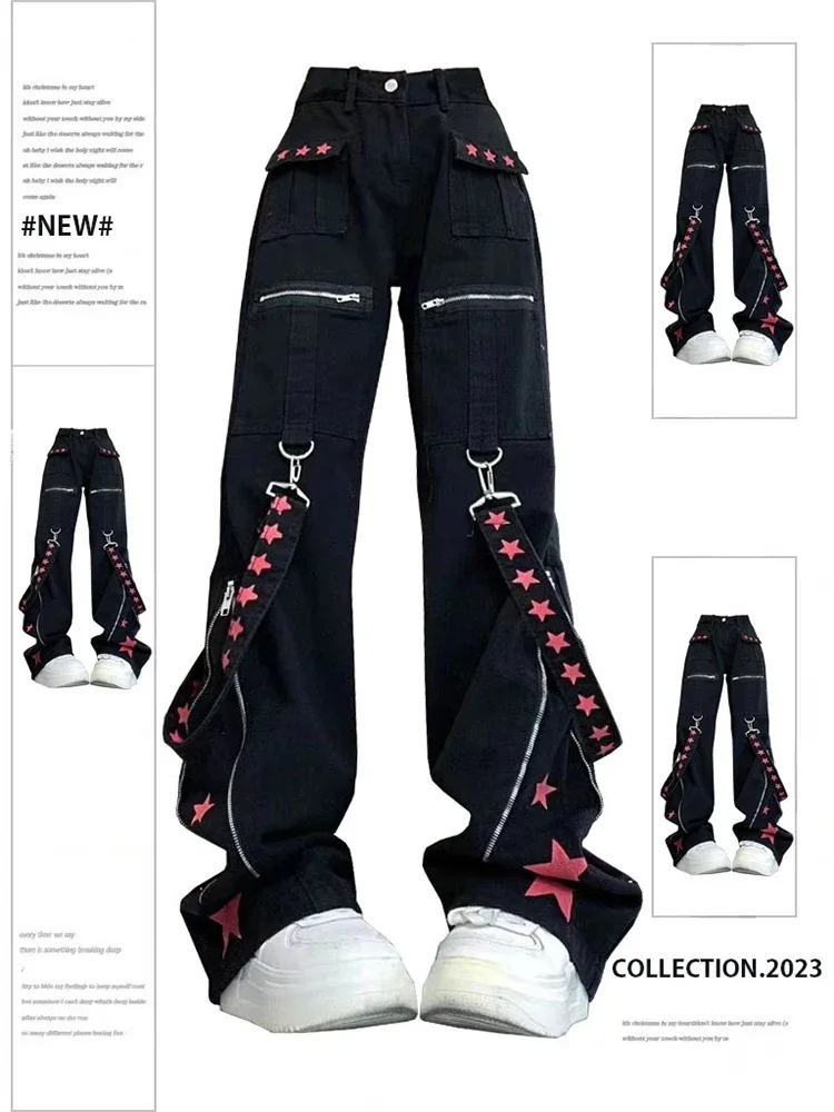 

Gothic Women Punk Cargo Baggy Jean Star Print Strap Black Vintage Y2K Wide Straight Leg Jeans Pants 2000s Clothes New Trousers