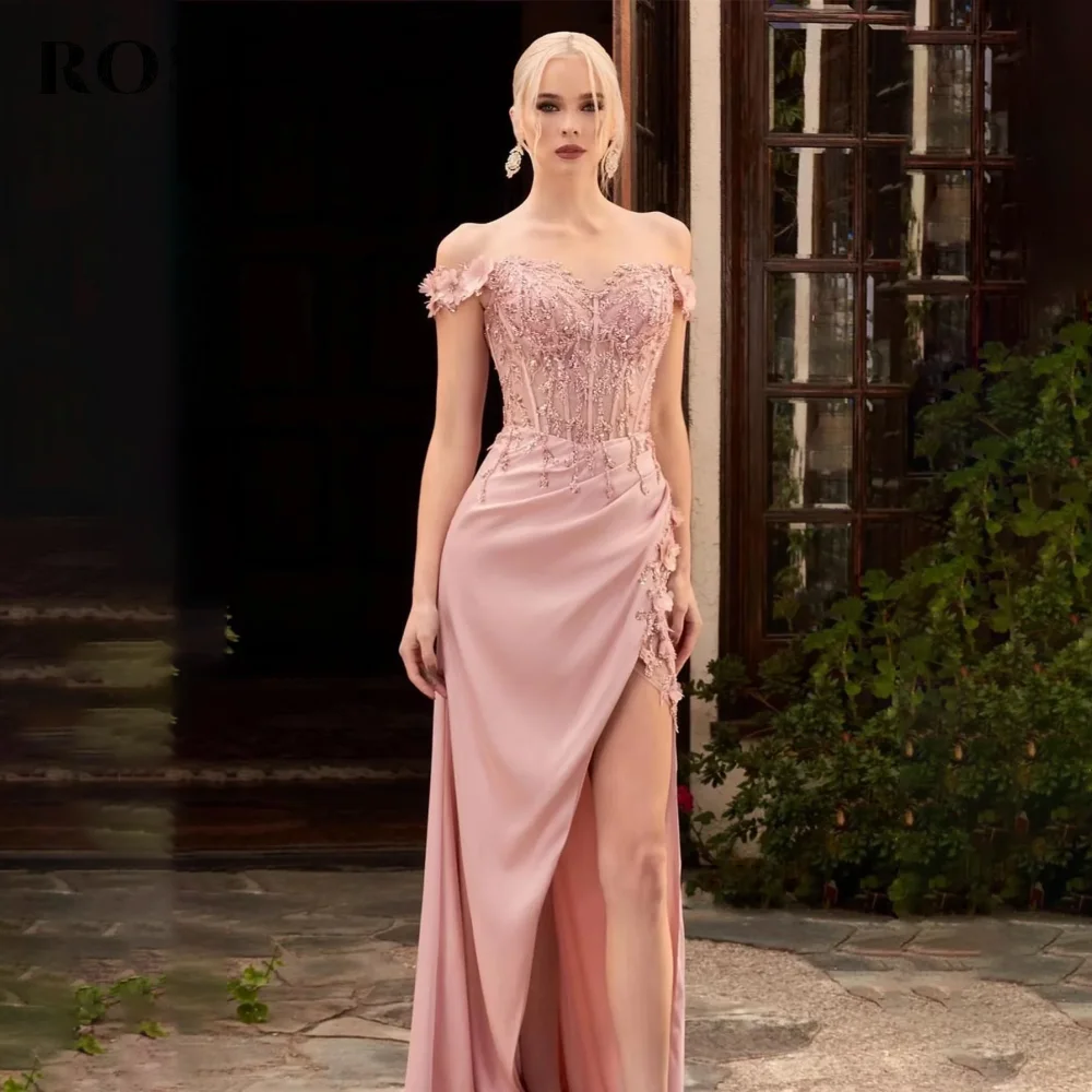

ROSES Pink Trumpet 프롬 드레 Off the Shoulder Party Gowns with Appliques Split Evening Gown Pleat Satin Prom Dress Customized