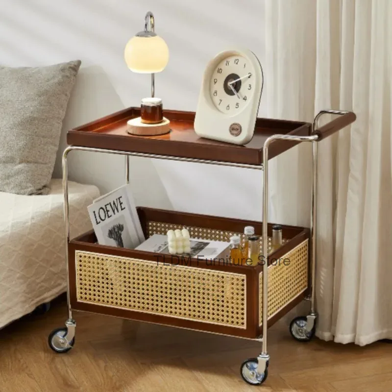 Rattan & Chrome Rolling Bar Cart, Modern Serving Cart with Wheels, Mid-Century Mobile Storage Trolley for Kitchen & Living Room