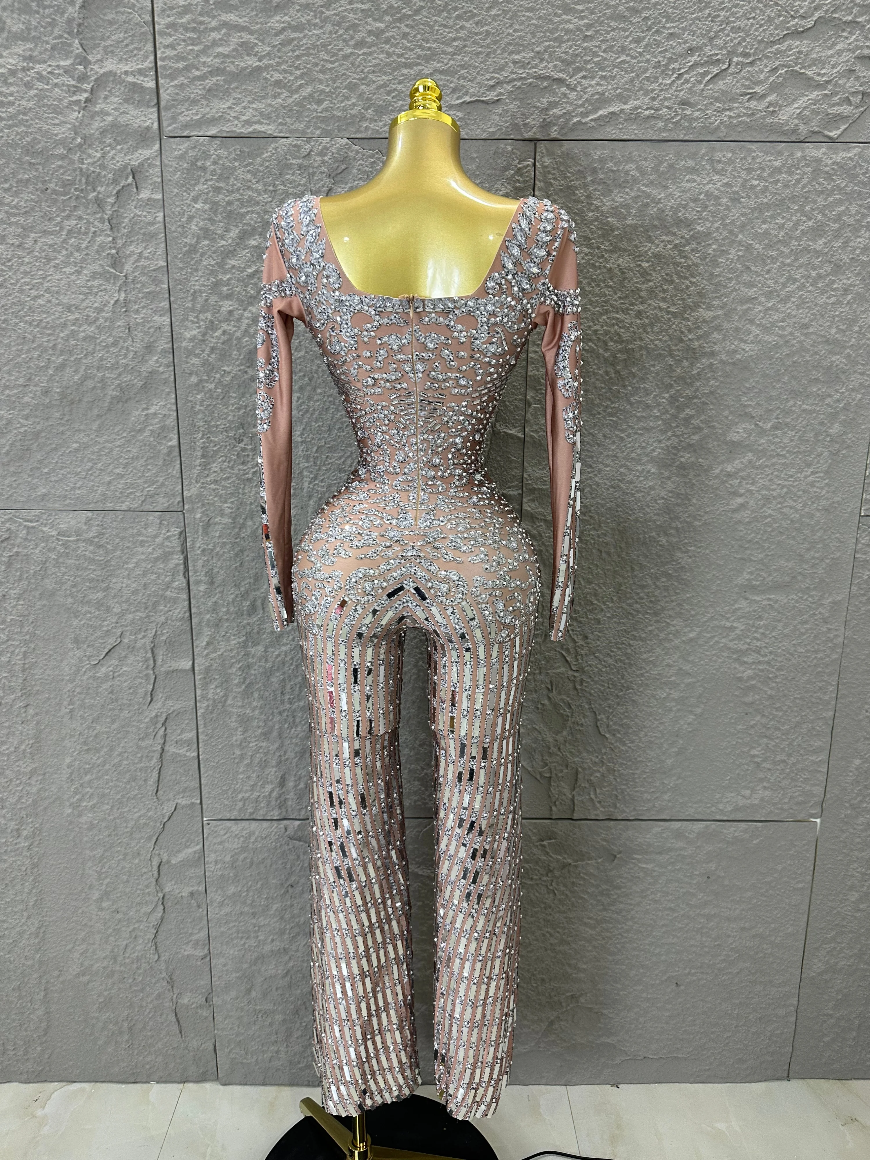 Silver Sheer Mesh Jumpsuit Women Sexy Sweetheart Neck Long Sleeve Full Crystal Skinny Outfit Stage Performance Costume