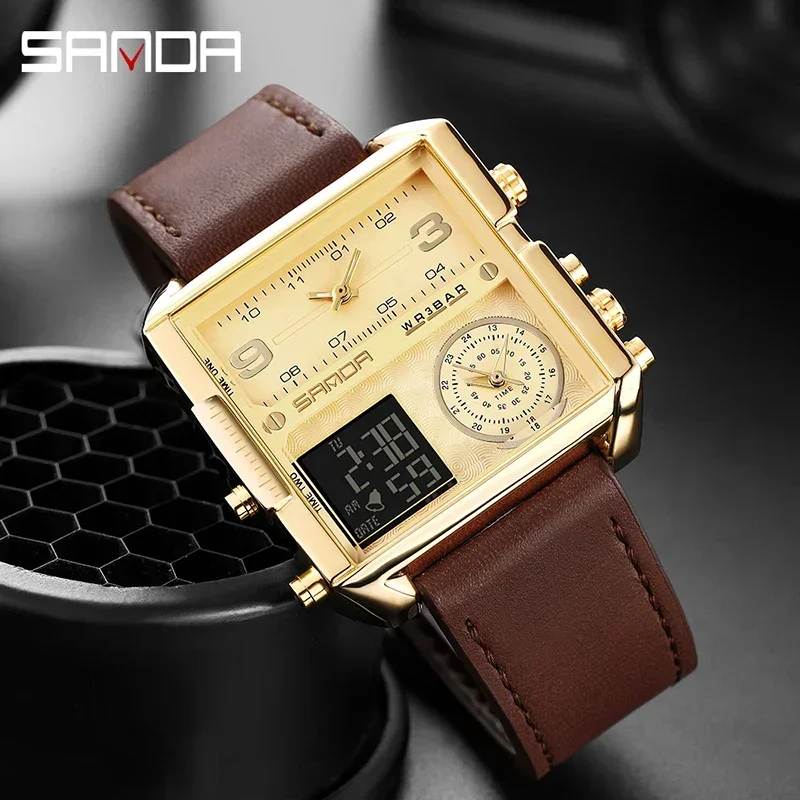 

SANDA Three Time Men Gold Sports Watch Alarm Clock Real Leather Waterproof Watch Large Dial Military Watch Relogio Masculino