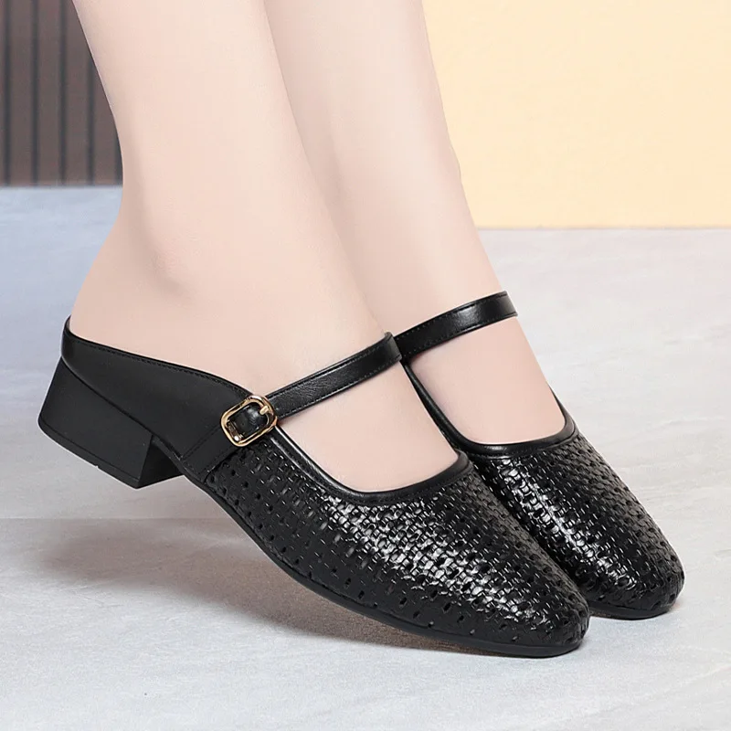 

Breathable Perforated Mary Jane Mules Low Block Heel Adjustable Buckle Strap Square Toe Slip On Casual Shoes For Summer Office A