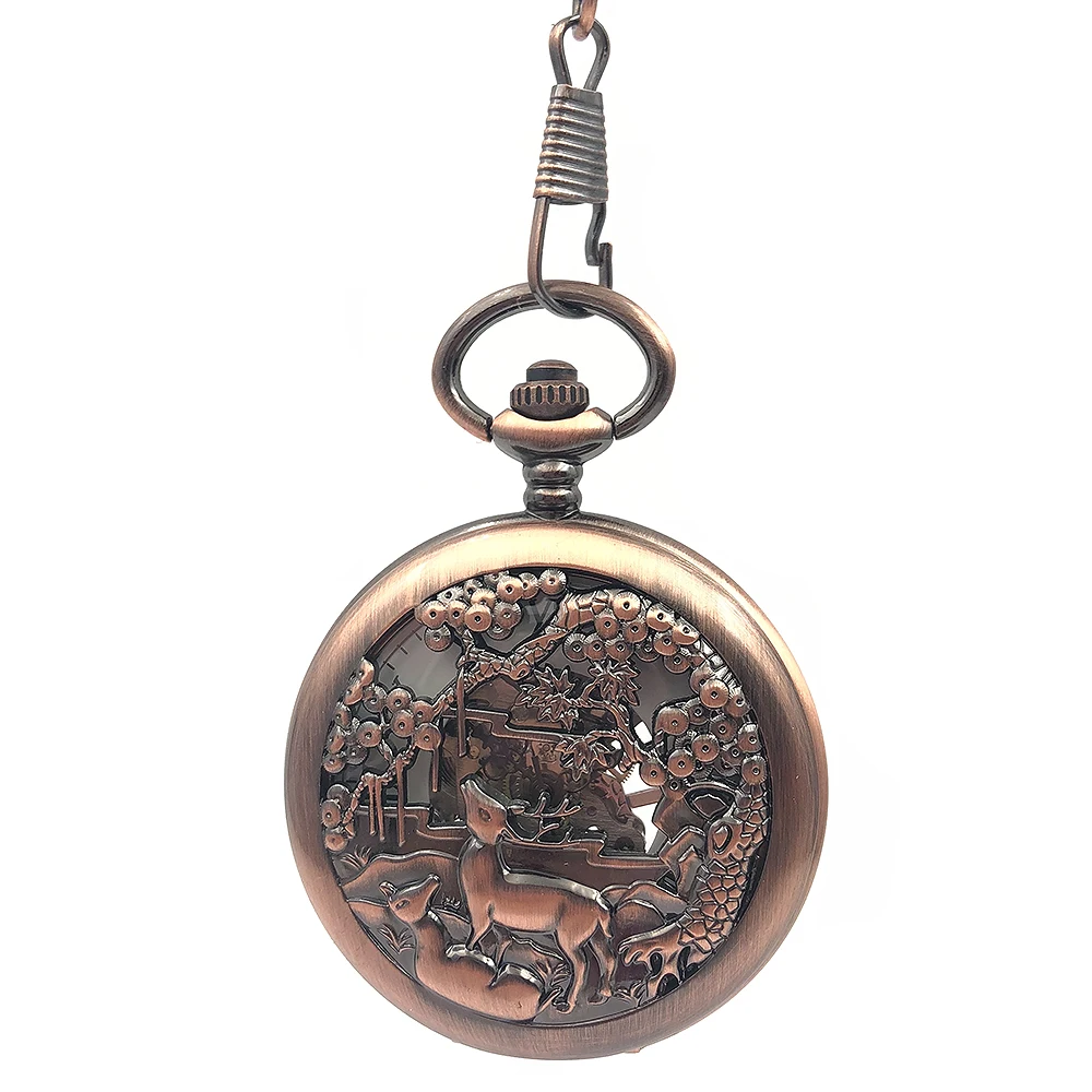 

Luxury Antique Style Copper Tone Steampunk Skeleton Case Men's Hand Wind Mechanical Movement Pocket Watch w/ Fob Chain Nice Gift