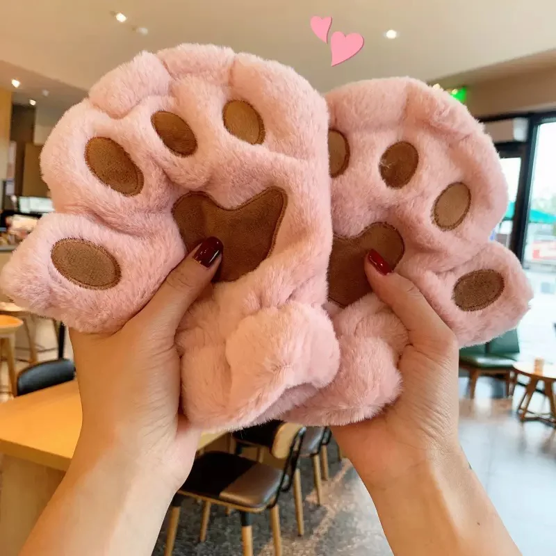 Cartoon Cute Cat Claw Paw Gloves Women Plush Mittens Warm Soft Fingerless Fluffy Bear Cat Gloves Costume Half Finger Gloves