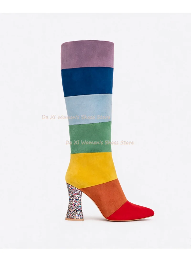 Rainbow Color-Blocking Ankle Boots Pointed  Tip Flash Sparkling Chunky Heel Side Zipper Faux Suede Splicing Party Women's Boots