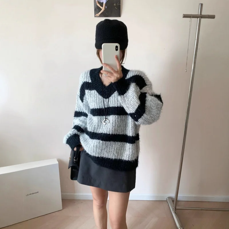 

Autumn Winter Thick Soft Loose Striped Sweater Knitwear Women Lazy Versatile Gentle Women'S Top V