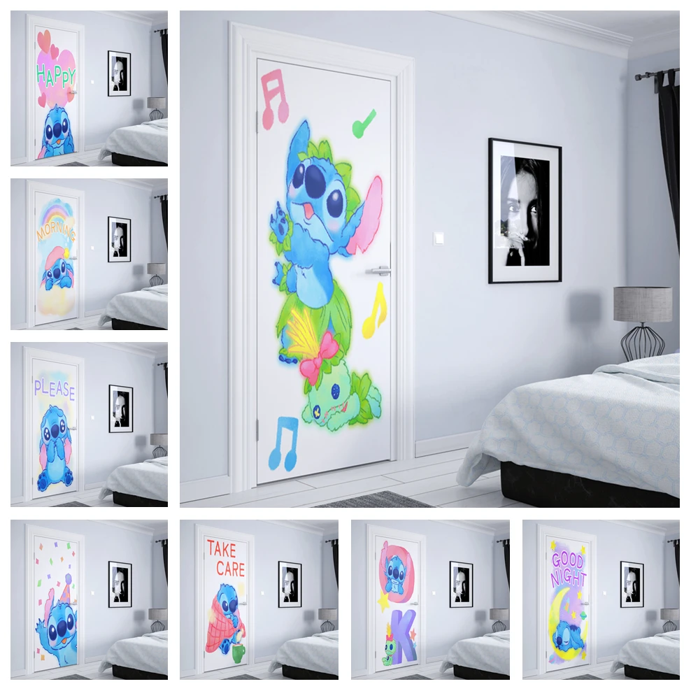 Disney Cartoon Anime Lilo & Stitch Angel Stitch Door Sticker Nursery Kids Room Popular Decoration Home Wall PVC Sticker Gifts